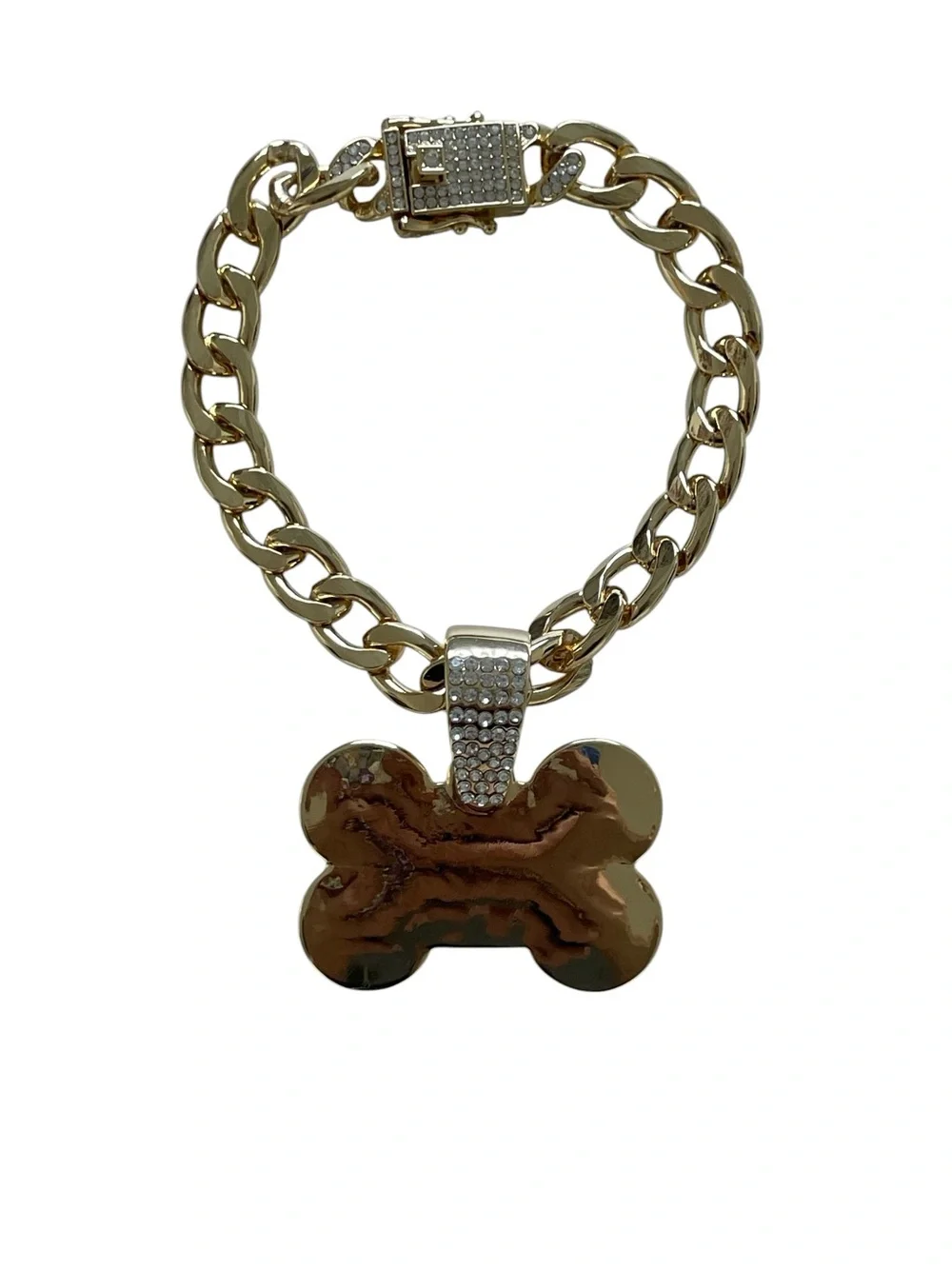 Cuban Gold Link Heavy Duty Dog Necklace - 8in, Bone-Shaped Polished